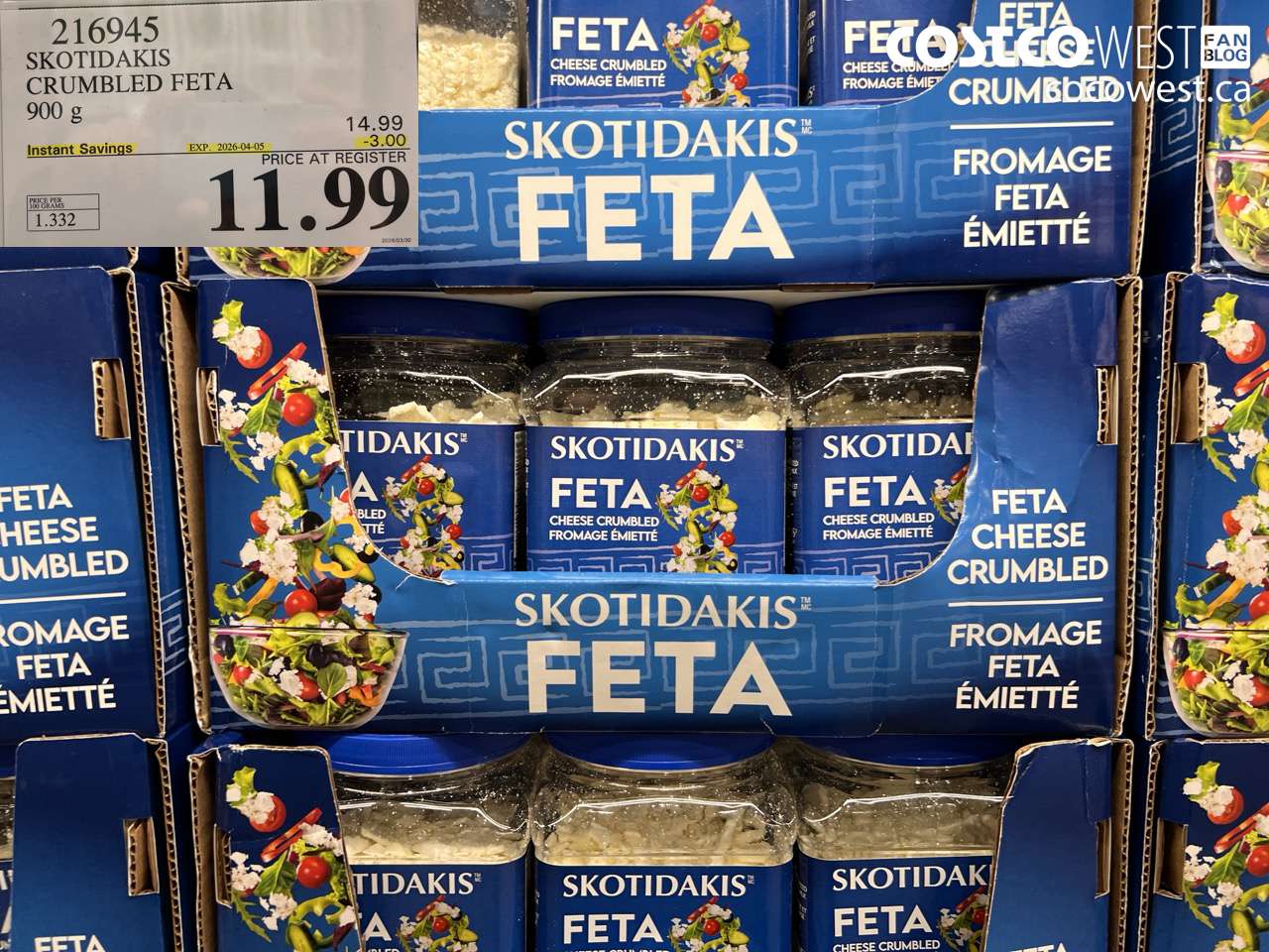 216945 SKOTIDAKIS CRUMBLED FETA 900 G ($3.00 INSTANT SAVINGS EXPIRES ON 2026-04-05) $11.99