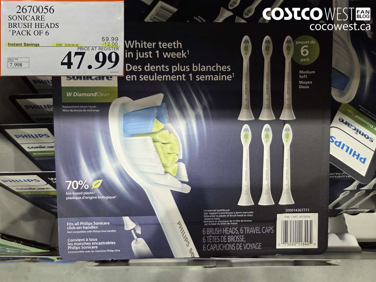 2670056 SONICARE BRUSH HEADS PACK OF 6 ($12.00 INSTANT SAVINGS EXPIRES ON 2026-04-26) $47.99