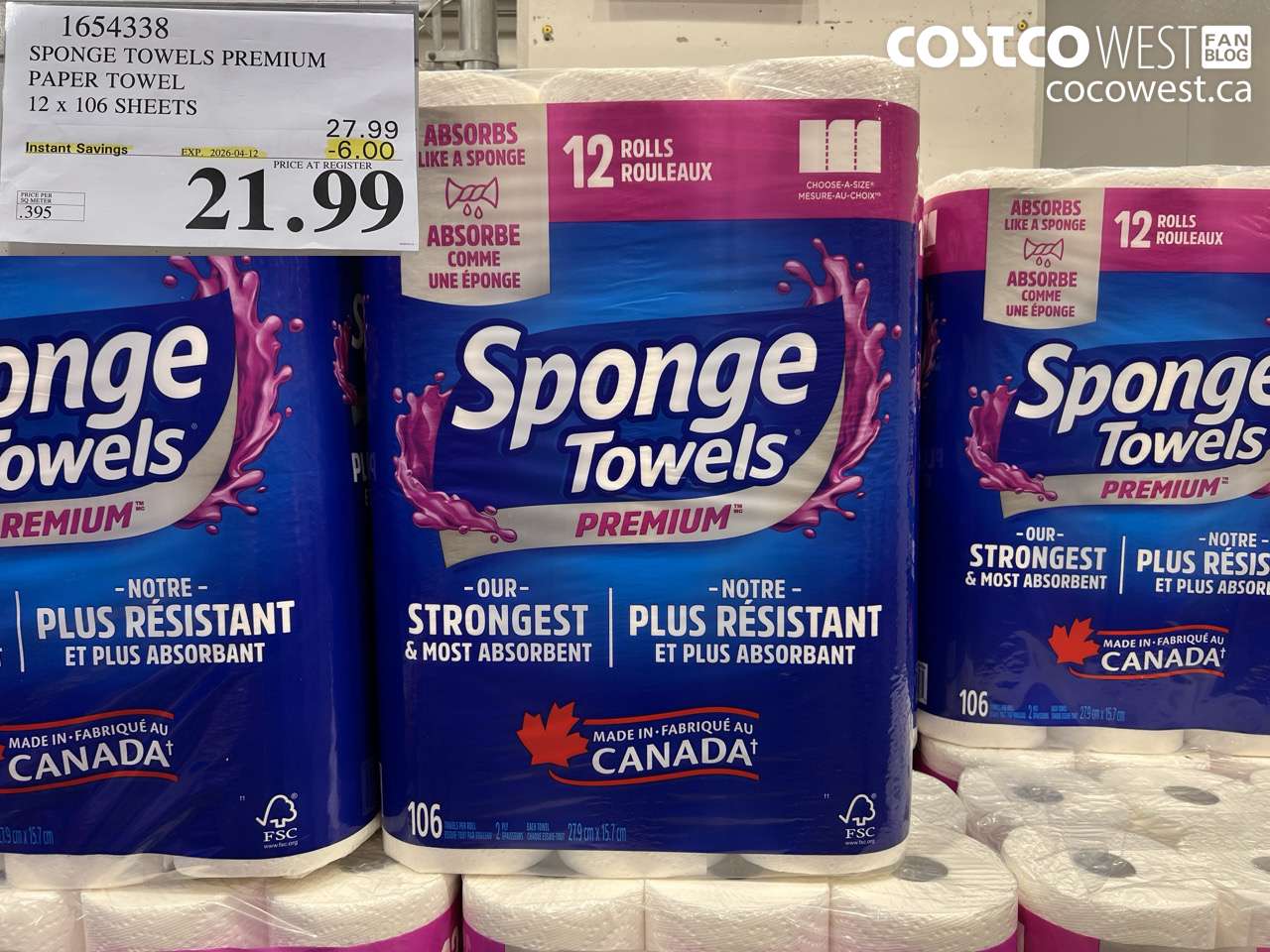 1654338 SPONGE TOWELS PREMIUM PAPER TOWEL 12 X 106 SHEETS ($6.00 INSTANT SAVINGS EXPIRES ON 2026-04-12) $21.99