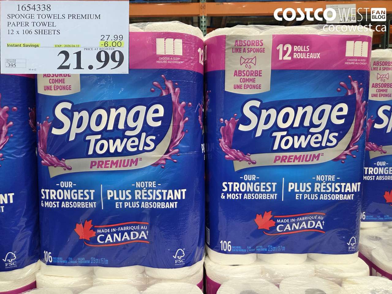 1654338 SPONGE TOWELS PREMIUM PAPER TOWEL 12 X 106 SHEETS ($6.00 INSTANT SAVINGS EXPIRES ON 2026-04-12) $21.99