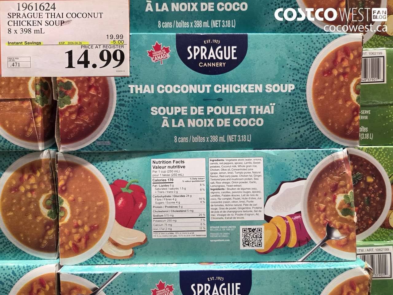 1961624 SPRAGUE THAI COCONUT CHICKEN SOUP 8 X 398 ML ($5.00 INSTANT SAVINGS EXPIRES ON 2026-04-26) $14.99