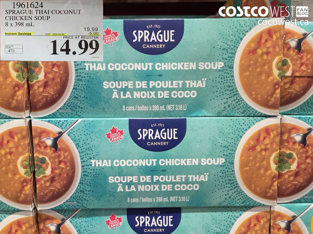 1961624 SPRAGUE THAI COCONUT CHICKEN SOUP 8 X 398 ML ($5.00 INSTANT SAVINGS EXPIRES ON 2026-04-26) $14.99