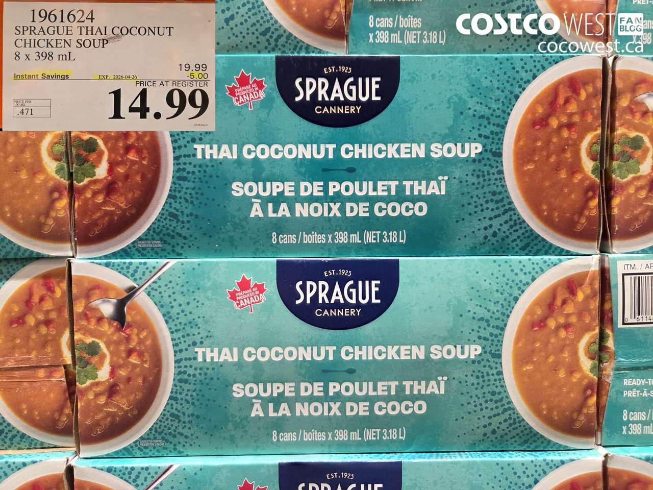 1961624 SPRAGUE THAI COCONUT CHICKEN SOUP 8 X 398 ML ($5.00 INSTANT SAVINGS EXPIRES ON 2026-04-26) $14.99