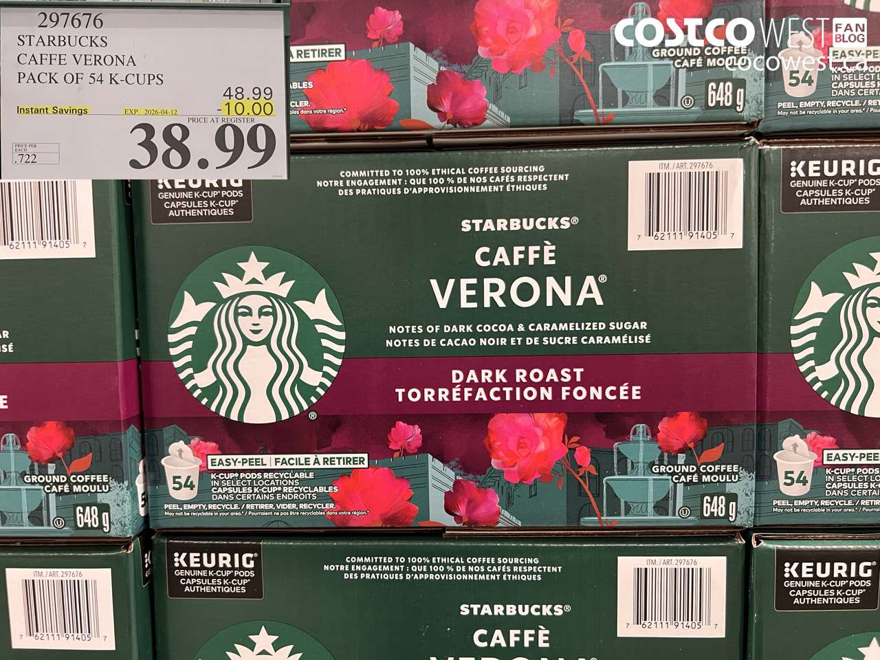 297676 STARBUCKS CAFFE VERONA PACK OF 54 K-CUPS ($10.00 INSTANT SAVINGS EXPIRES ON 2026-04-12) $38.99