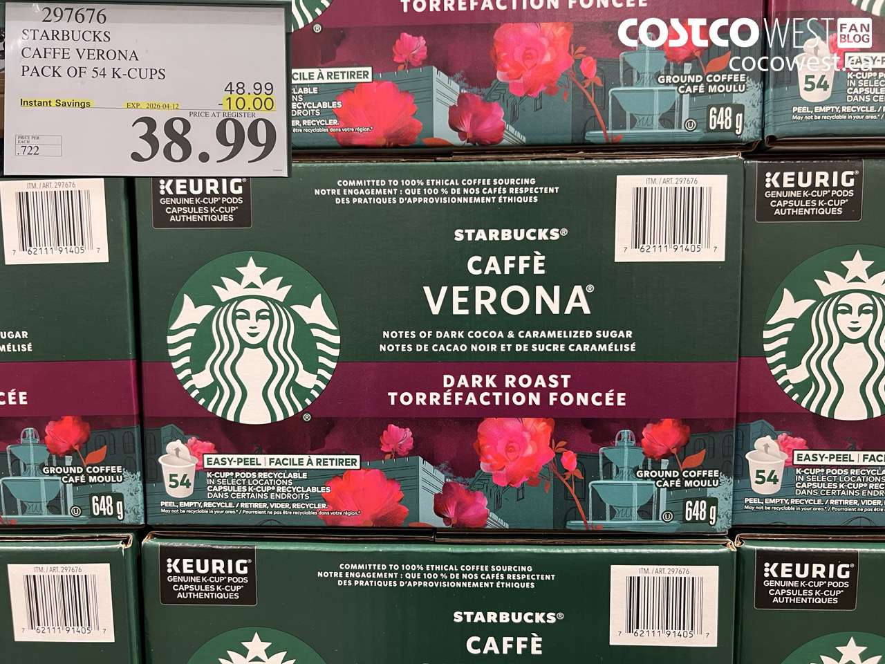 297676 STARBUCKS CAFFE VERONA PACK OF 54 K-CUPS ($10.00 INSTANT SAVINGS EXPIRES ON 2026-04-12) $38.99