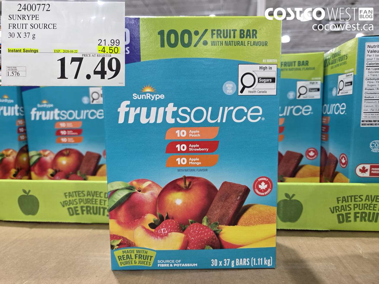 2400772 SUNRYPE FRUIT SOURCE 30 X 37 G ($4.50 INSTANT SAVINGS EXPIRES ON 2026-04-22) $17.49