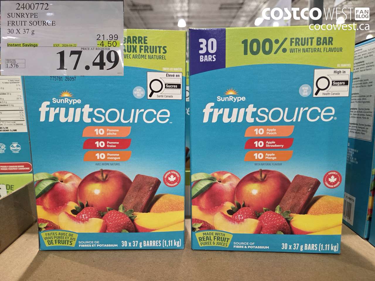 24007772 SUNRYPE FRUIT SOURCE 30 X 37 G ($4.50 INSTANT SAVINGS EXPIRES ON 2026-04-22) $17.49