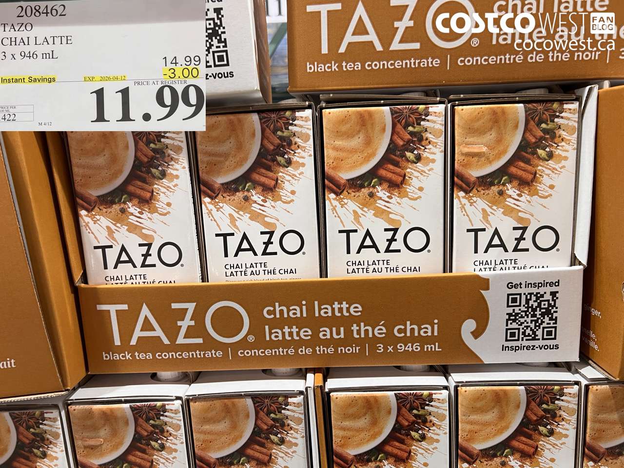 208462 TAZO CHAI LATTE 3 X 946 ML ($3.00 INSTANT SAVINGS EXPIRES ON 2026-04-12) $11.99