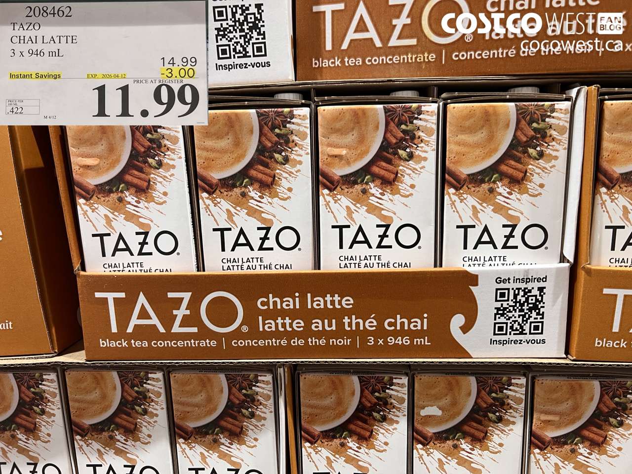 208462 TAZO CHAI LATTE 3 X 946 ML ($3.00 INSTANT SAVINGS EXPIRES ON 2026-04-12) $11.99
