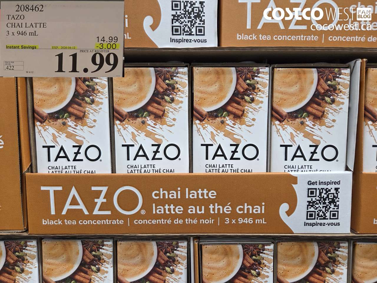 208462 TAZO CHAI LATTE 3 X 946 ML ($3.00 INSTANT SAVINGS EXPIRES ON 2026-04-12) $11.99