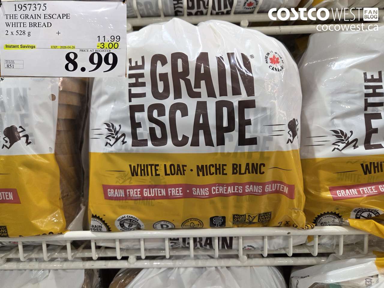 1957375 THE GRAIN ESCAPE WHITE BREAD 2 X 528 G ($3.00 INSTANT SAVINGS EXPIRES ON 2026-04-26) $8.99