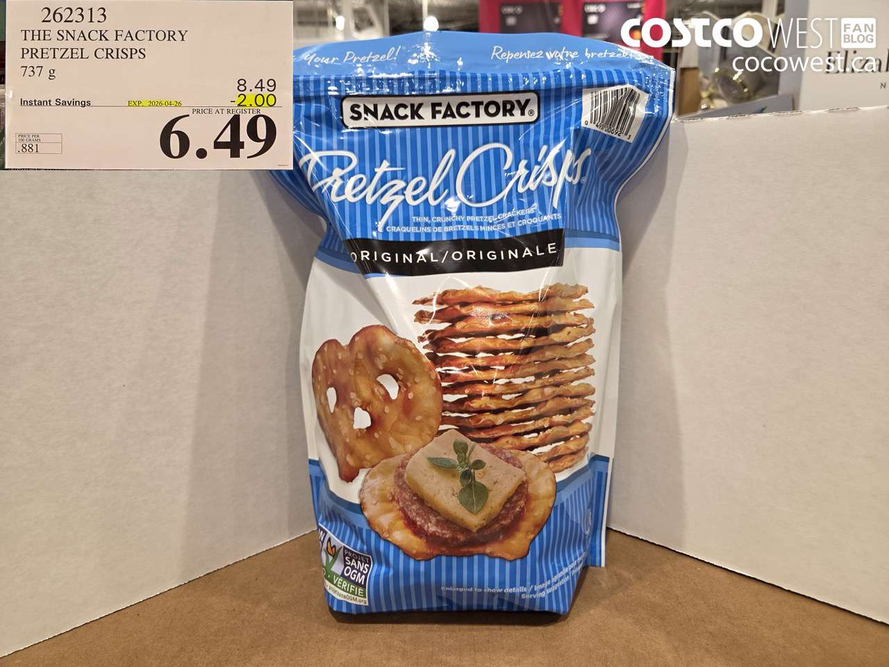262313 THE SNACK FACTORY PRETZEL CRISPS 737G ($2.00 INSTANT SAVINGS EXPIRES ON 2026-04-26) $6.49