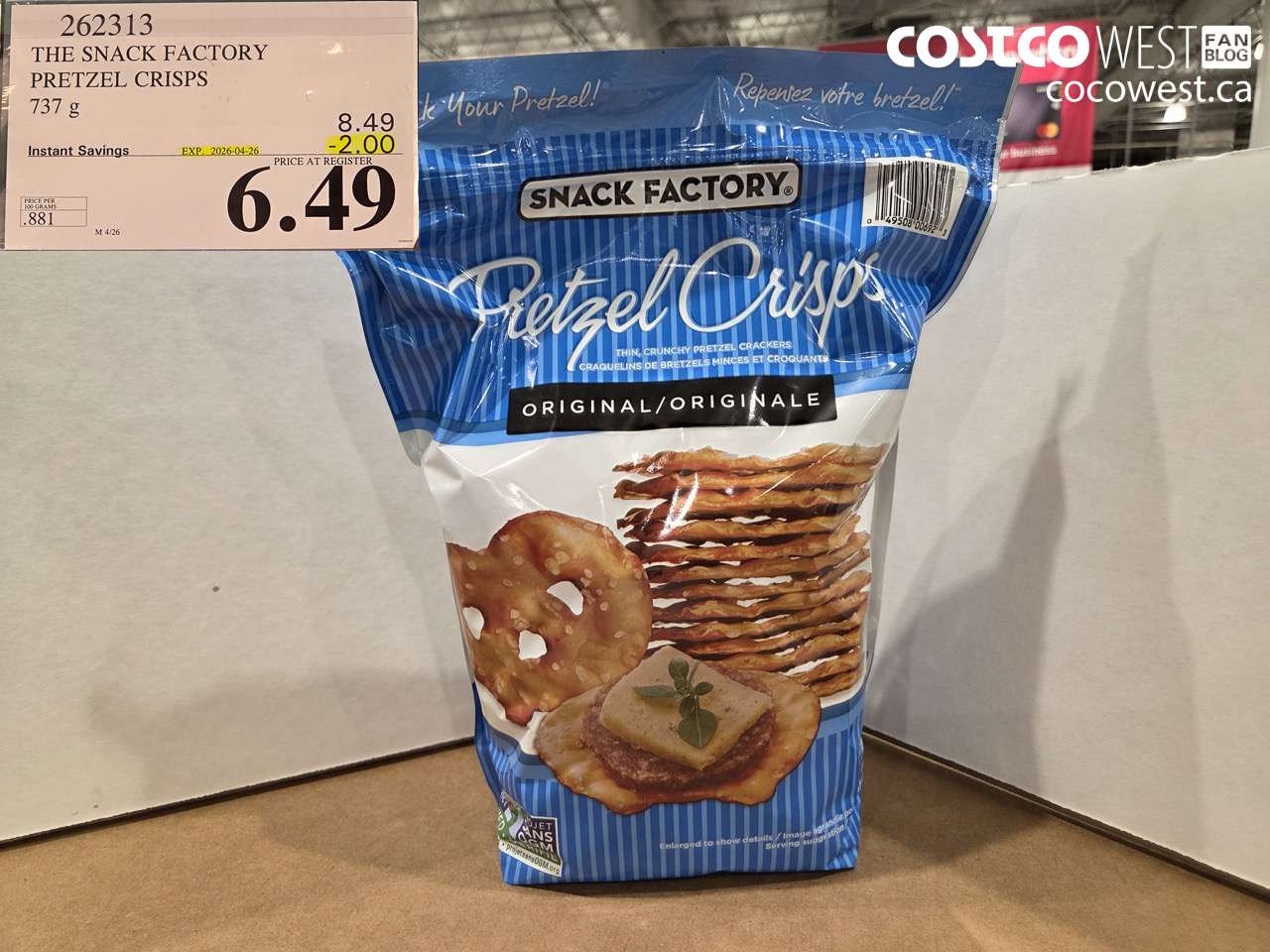 262313 THE SNACK FACTORY PRETZEL CRISPS 737G ($2.00 INSTANT SAVINGS EXPIRES ON 2026-04-26) $6.49