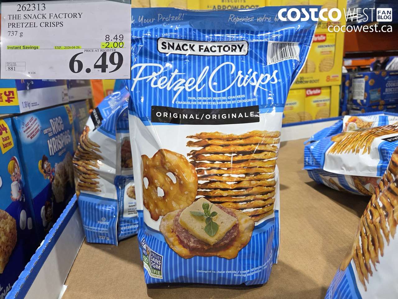 262313 THE SNACK FACTORY PRETZEL CRISPS 737 G ($2.00 INSTANT SAVINGS EXPIRES ON 2026-04-26) $6.49
