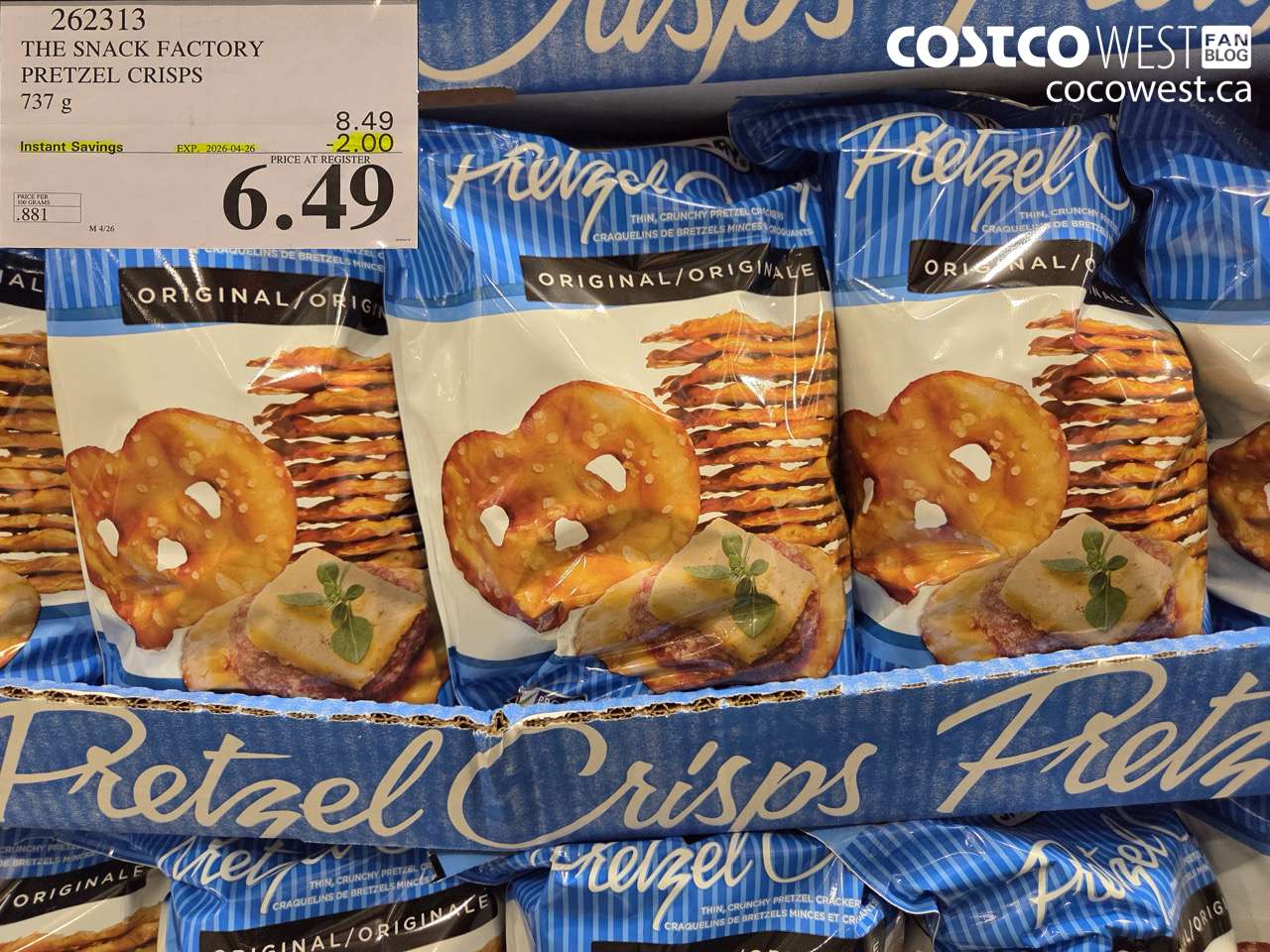 262313 THE SNACK FACTORY PRETZEL CRISPS 737 G ($2.00 INSTANT SAVINGS EXPIRES ON 2026-04-26) $6.49