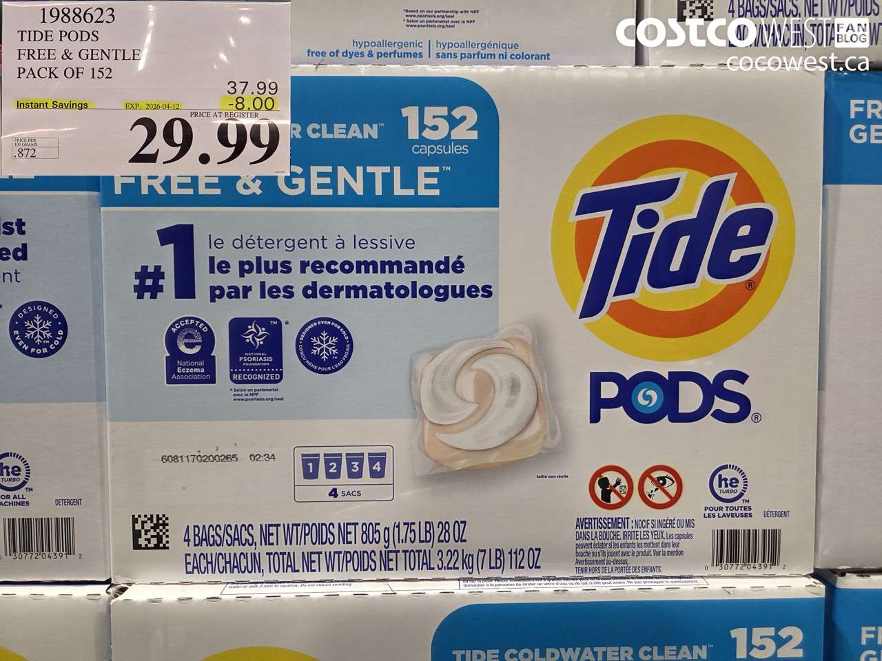 1988623 TIDE PODS FREE & GENTLE PACK OF 152 ($8.00 INSTANT SAVINGS EXPIRES ON 2026-04-12) $29.99