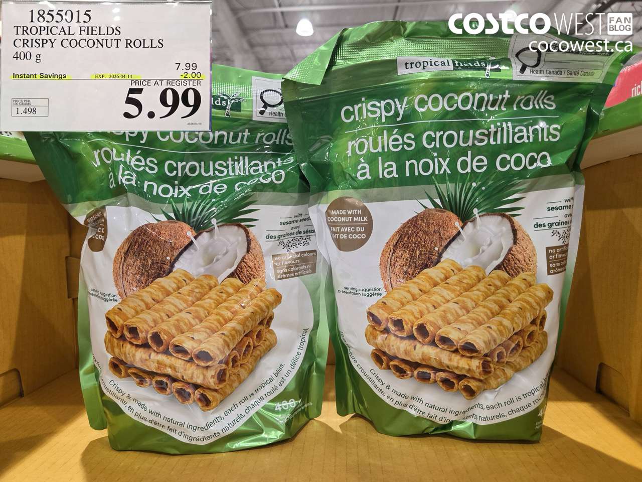 1855015 TROPICAL FIELDS CRISPY COCONUT ROLLS 400 G ($2.00 INSTANT SAVINGS EXPIRES ON 2026-04-14) $5.99