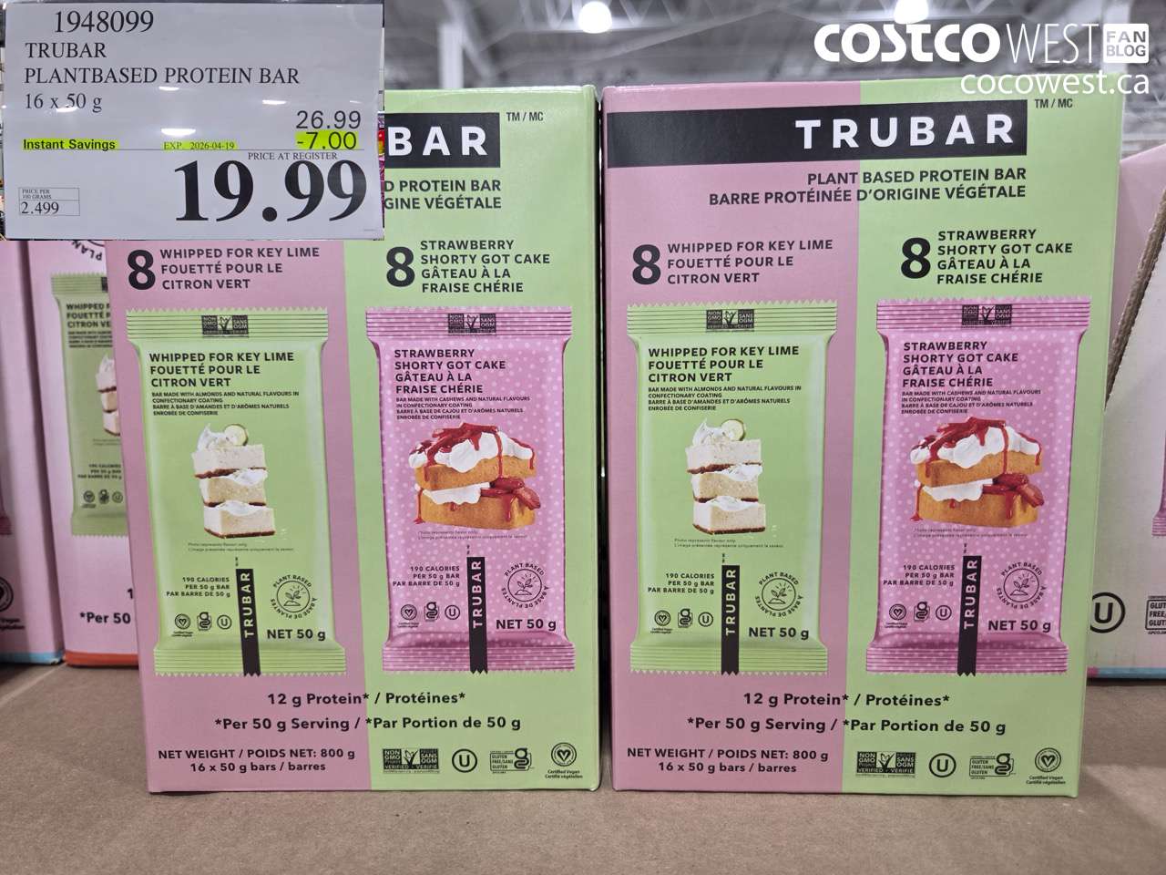 1948099 TRUBAR PLANTBASED PROTEIN BAR 16 X 50 G ($7.00 INSTANT SAVINGS EXPIRES ON 2026-04-19) $19.99