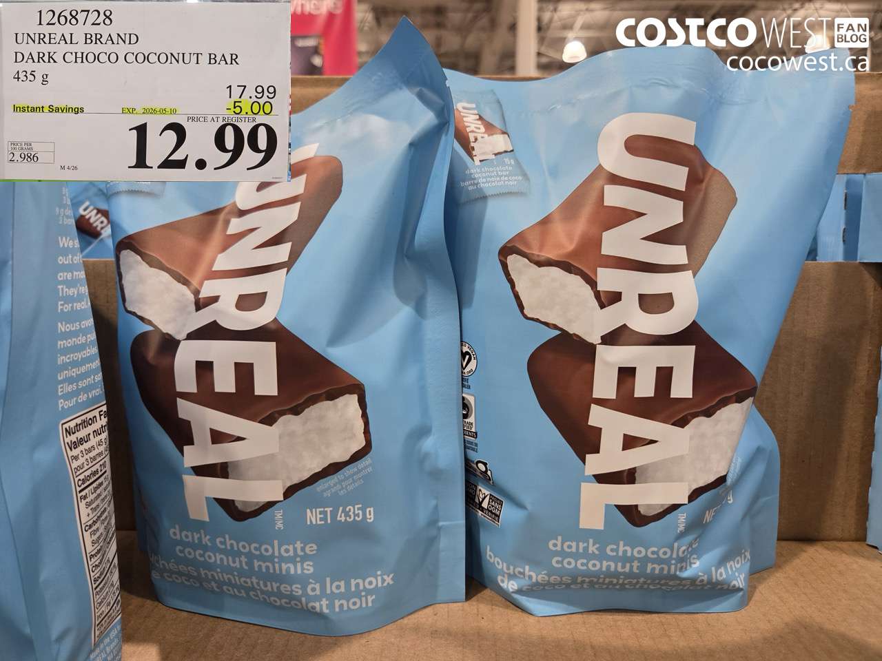 1268728 UNREAL BRAND DARK CHOCO COCONUT BAR 435G ($5.00 INSTANT SAVINGS EXPIRES ON 2026-05-10) $12.99