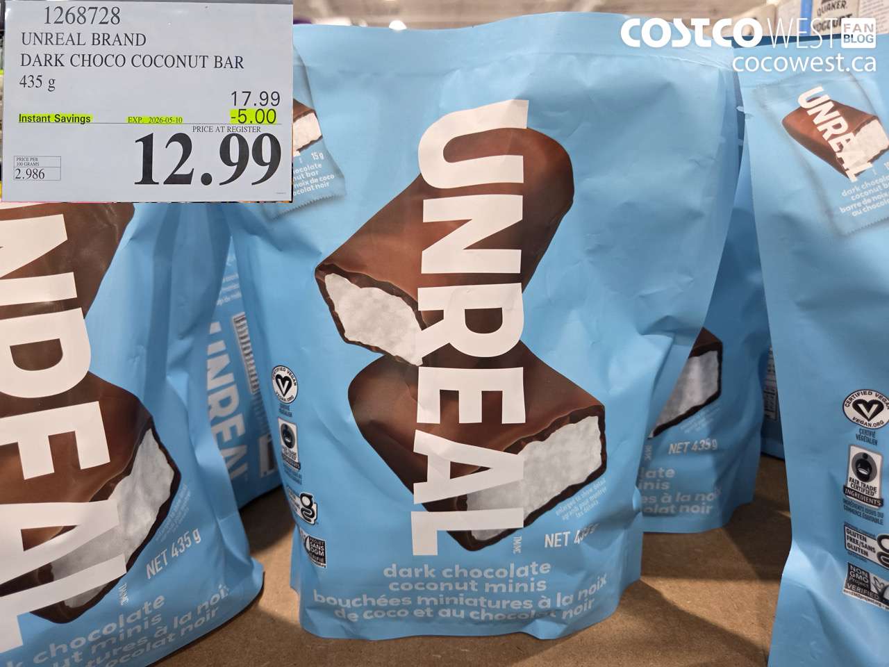 1268728 UNREAL BRAND DARK CHOCO COCONUT BAR 435G ($5.00 INSTANT SAVINGS EXPIRES ON 2026-05-10) $12.99