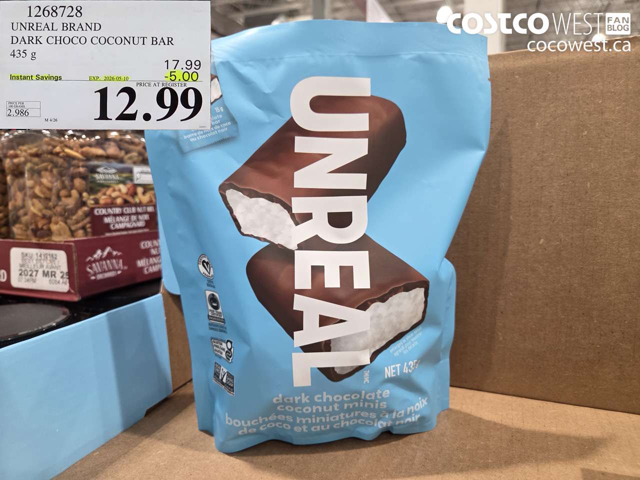 1268728 UNREAL BRAND DARK CHOCO COCONUT BAR 435 G ($5.00 INSTANT SAVINGS EXPIRES ON 2026-05-10) $12.99