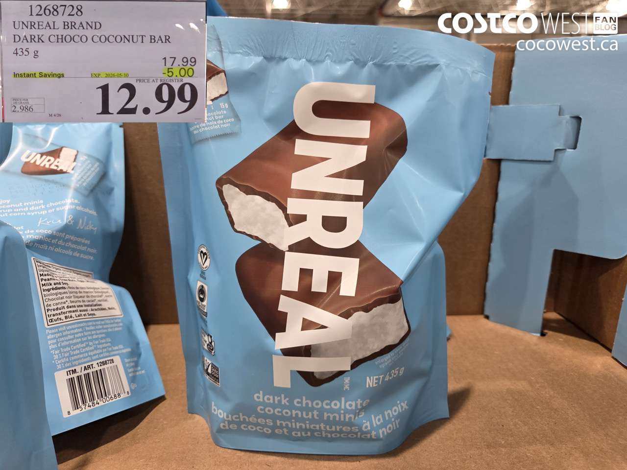 1268728 UNREAL BRAND DARK CHOCO COCONUT BAR 435 G ($5.00 INSTANT SAVINGS EXPIRES ON 2026-05-10) $12.99