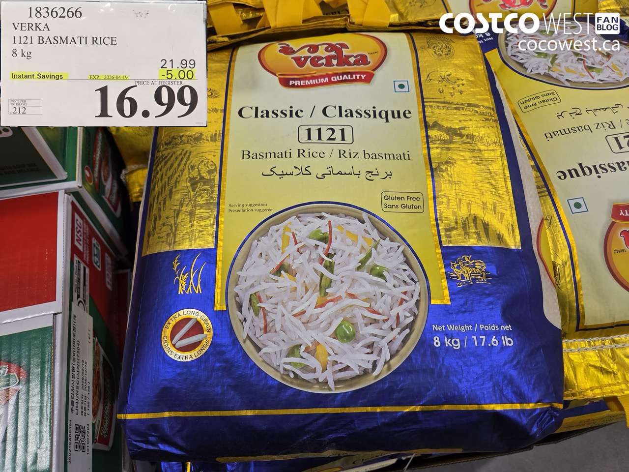 1836266 VERKA 1121 BASMATI RICE 8 KG ($5.00 INSTANT SAVINGS EXPIRES ON 2026-04-19) $16.99
