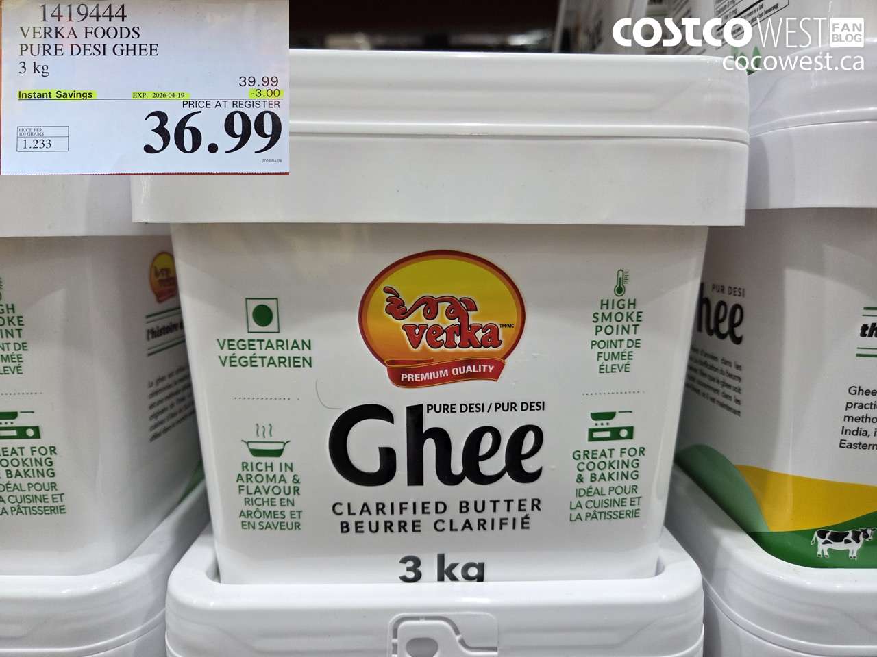 1419444 VERKA FOODS PURE DESI GHEE 3 KG ($3.00 INSTANT SAVINGS EXPIRES ON 2026-04-19) $36.99
