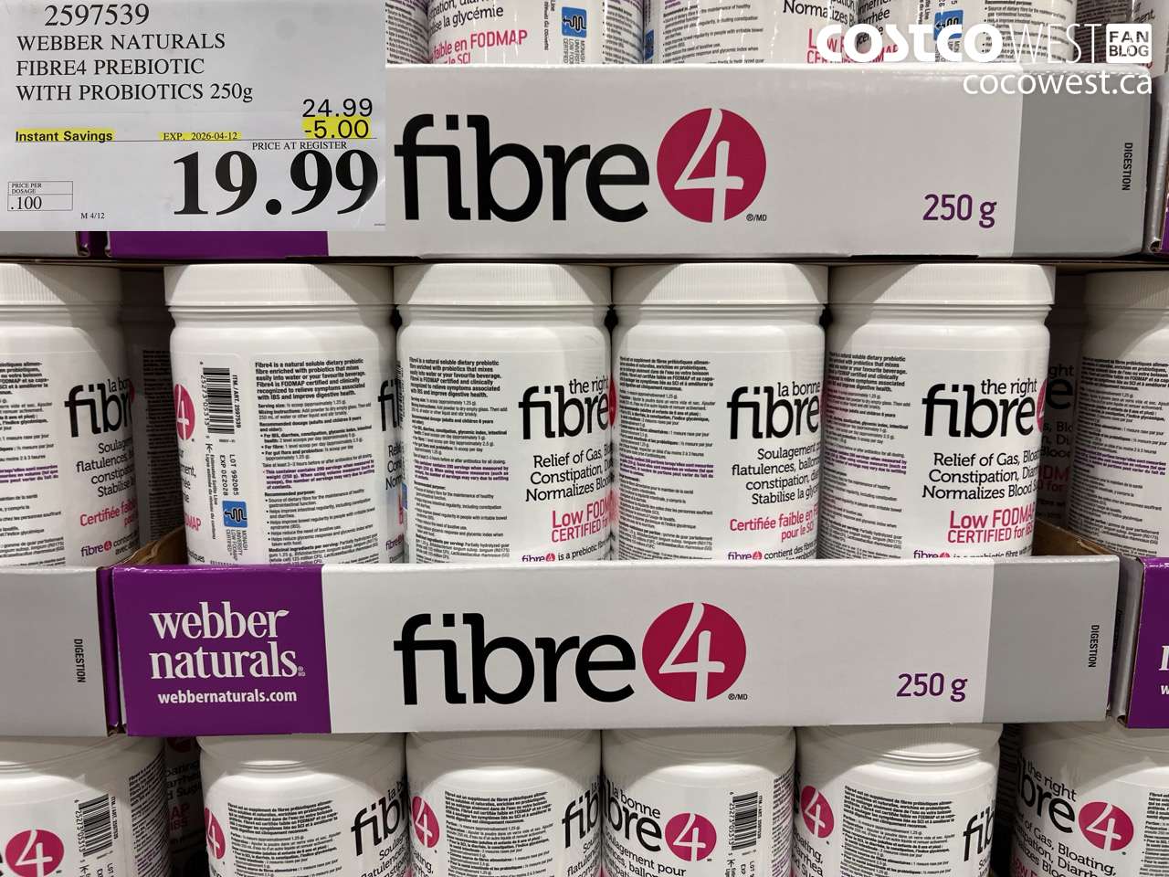 2597539 WEBBER NATURALS FIBRE4 PREBIOTIC WITH PROBIOTICS 250G ($5.00 INSTANT SAVINGS EXPIRES ON 2026-04-12) $19.99