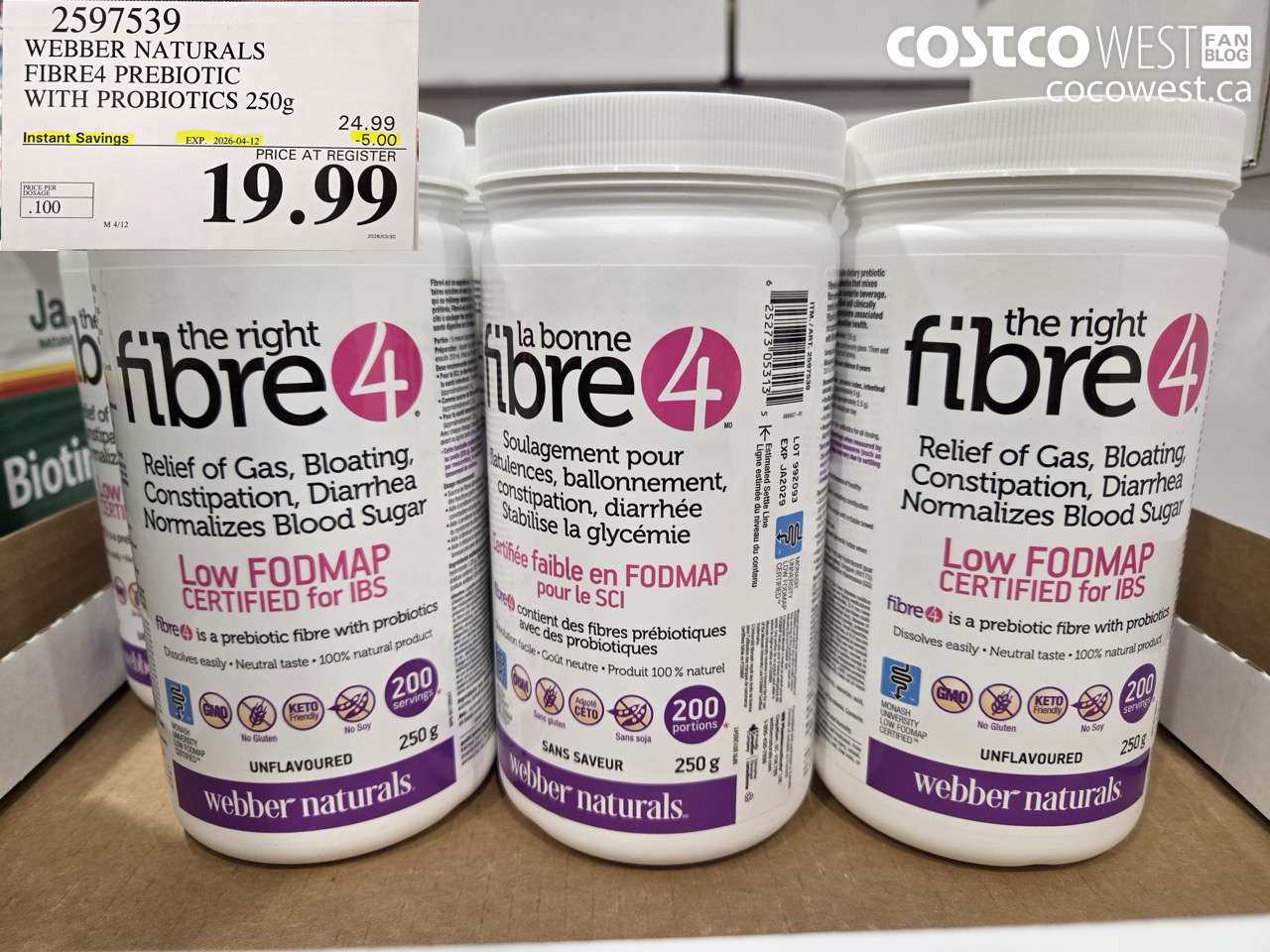 2597539 WEBBER NATURALS FIBRE4 PREBIOTIC WITH PROBIOTICS 250G ($5.00 INSTANT SAVINGS EXPIRES ON 2026-04-12) $19.99