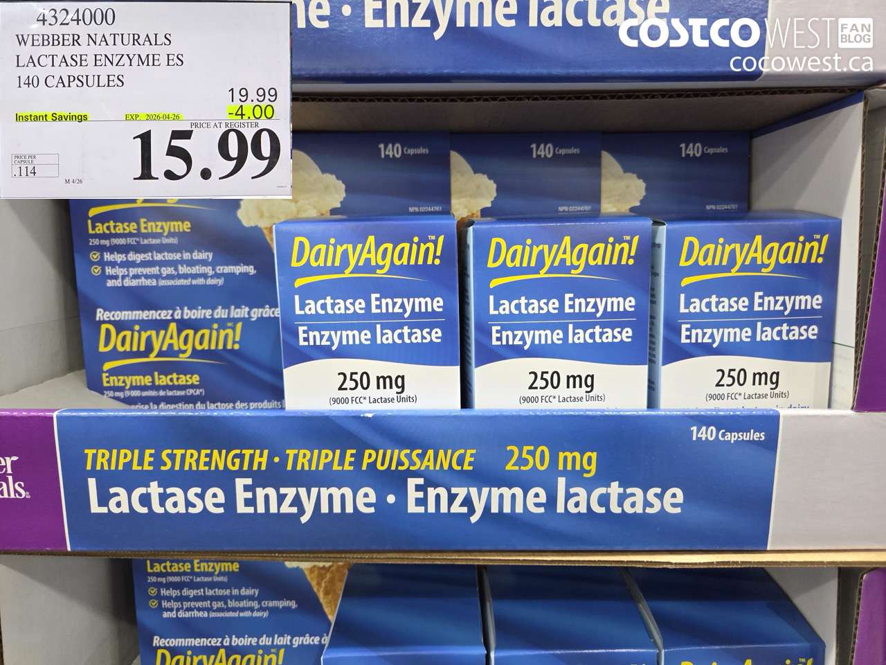 4324000 WEBBER NATURALS LACTASE ENZYME ES 140 CAPSULES ($4.00 INSTANT SAVINGS EXPIRES ON 2026-04-26) $15.99