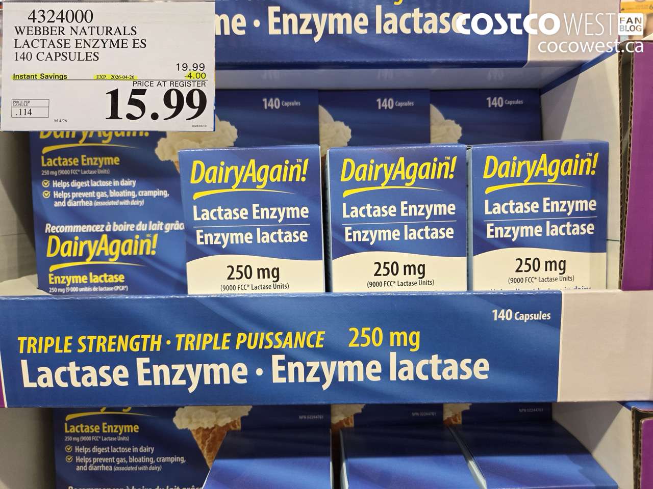 4324000 WEBBER NATURALS LACTASE ENZYME ES 140 CAPSULES ($4.00 INSTANT SAVINGS EXPIRES ON 2026-04-26) $15.99