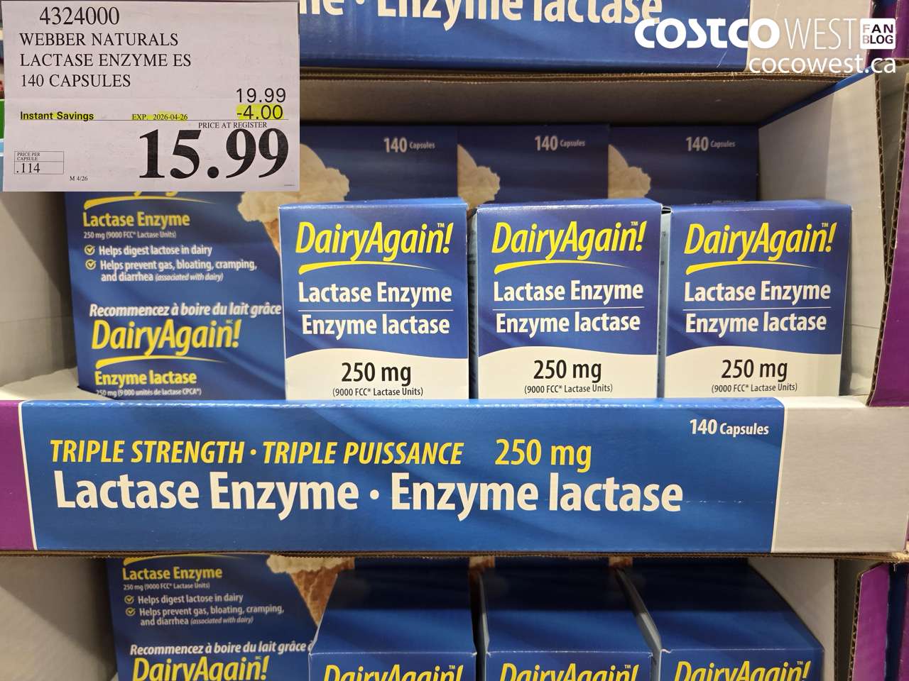 4324000 WEBBER NATURALS LACTASE ENZYME ES 140 CAPSULES ($4.00 INSTANT SAVINGS EXPIRES ON 2026-04-26) $15.99