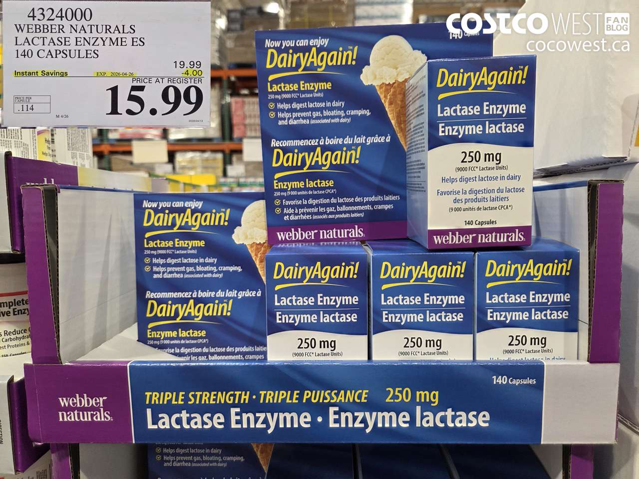 4324000 WEBBER NATURALS LACTASE ENZYME ES 140 CAPSULES ($4.00 INSTANT SAVINGS EXPIRES ON 2026-04-26) $15.99