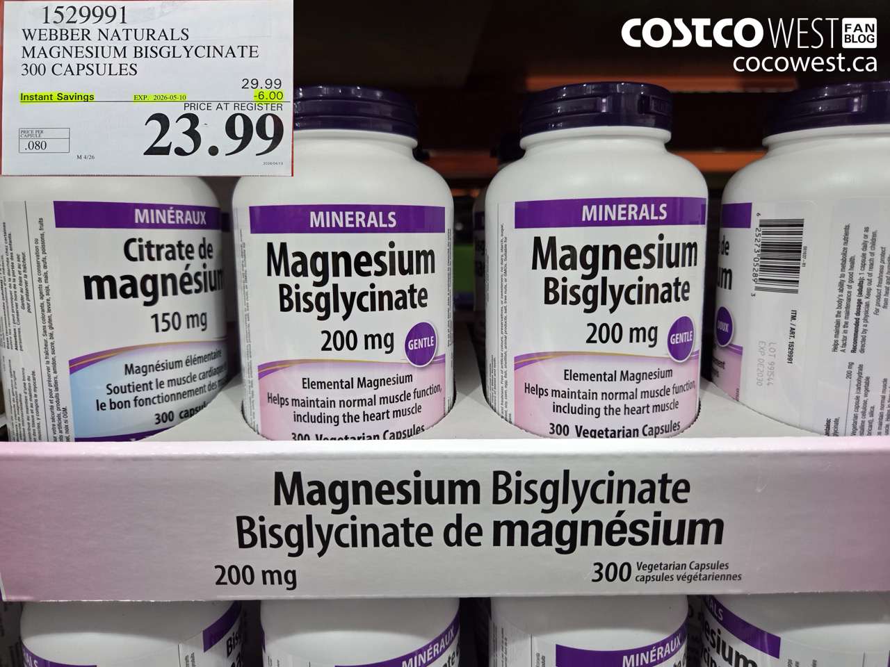 1529991 WEBBER NATURALS MAGNESIUM BISGLYCINATE 300 CAPSULES ($6.00 INSTANT SAVINGS EXPIRES ON 2026-05-10) $23.99