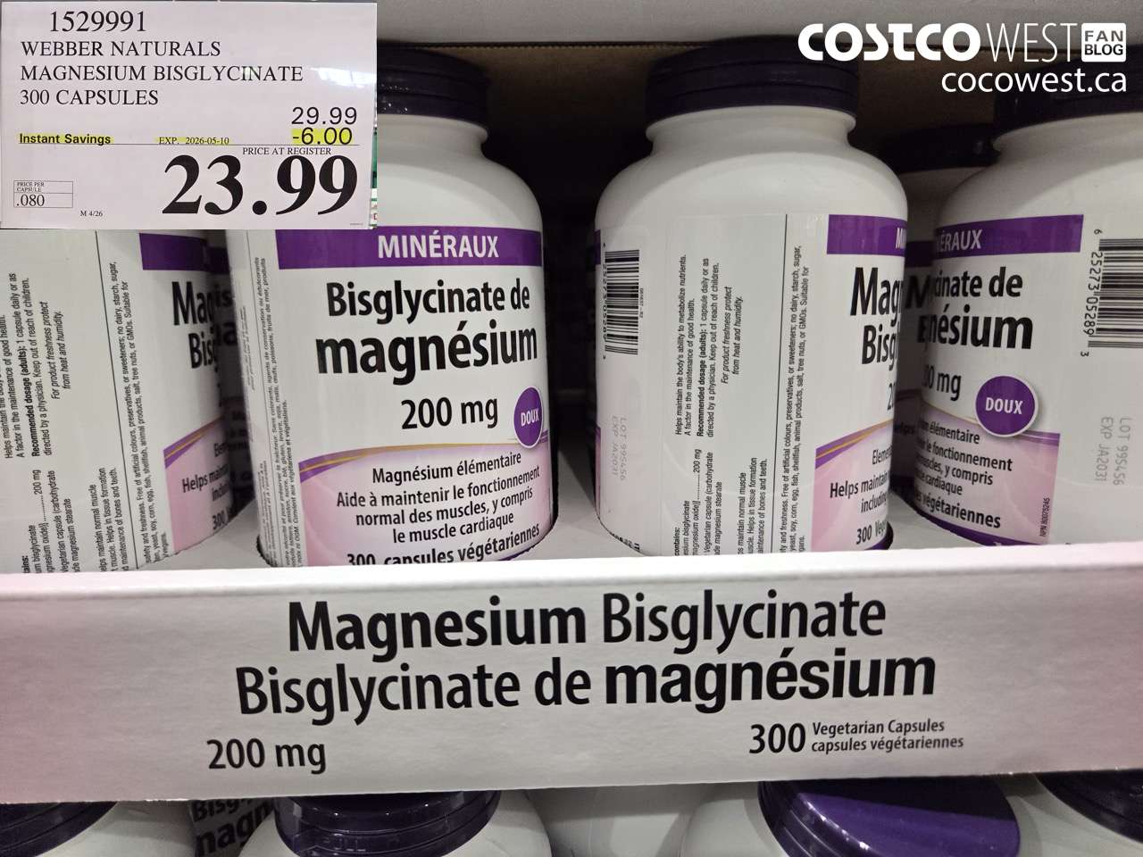 1529991 WEBBER NATURALS MAGNESIUM BISGLYCINATE 300 CAPSULES ($6.00 INSTANT SAVINGS EXPIRES ON 2026-05-10) $23.99