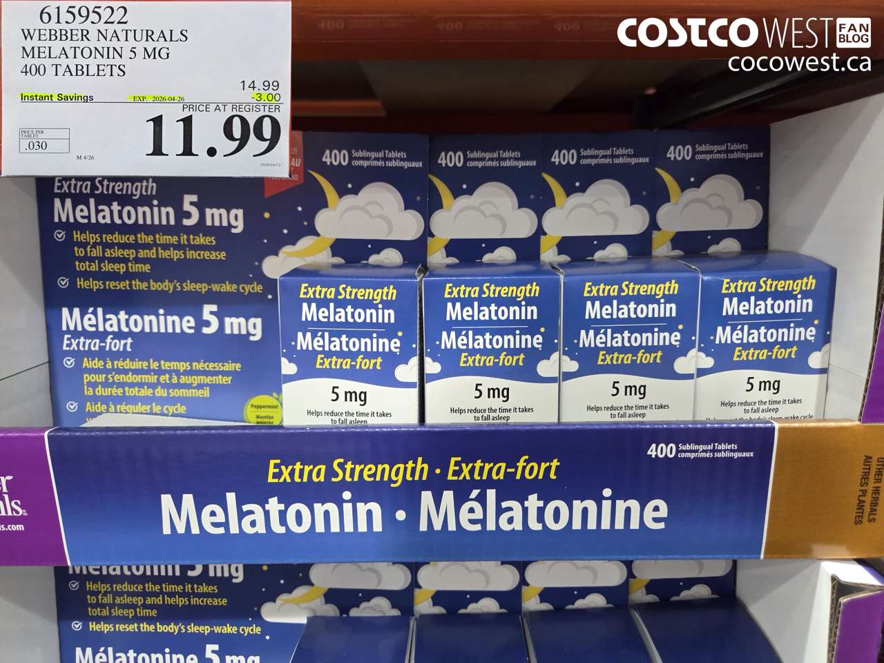 6159522 WEBBER NATURALS MELATONIN 5 MG 400 TABLETS ($3.00 INSTANT SAVINGS EXPIRES ON 2026-04-26) $11.99