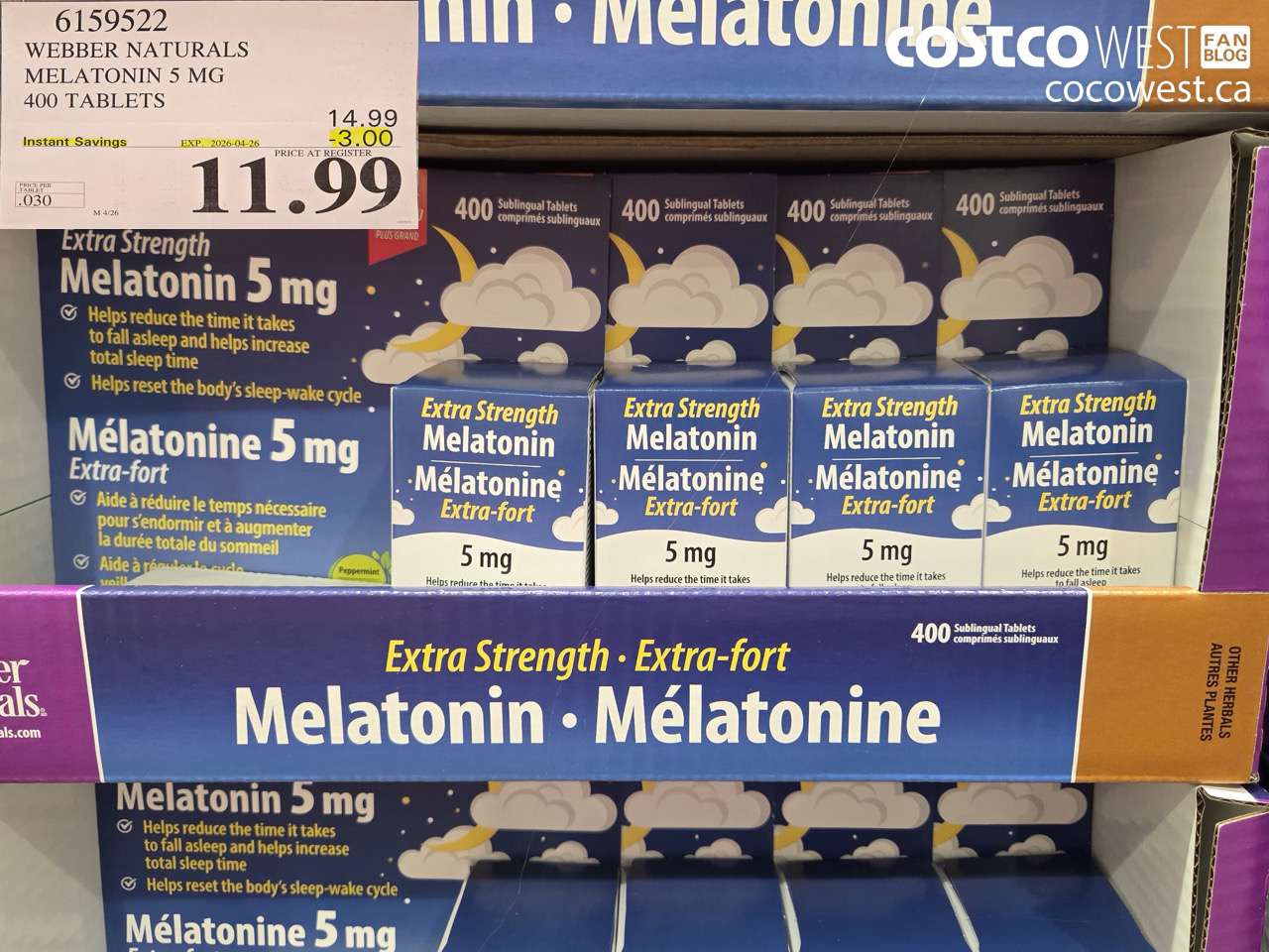 6159522 WEBBER NATURALS MELATONIN 5 MG 400 TABLETS ($3.00 INSTANT SAVINGS EXPIRES ON 2026-04-26) $11.99