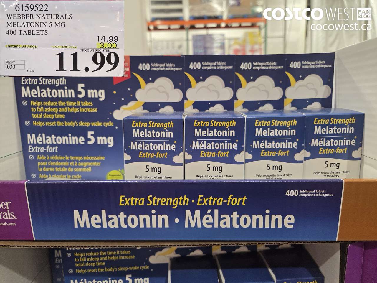6159522 WEBBER NATURALS MELATONIN 5 MG 400 TABLETS ($3.00 INSTANT SAVINGS EXPIRES ON 2026-04-26) $11.99