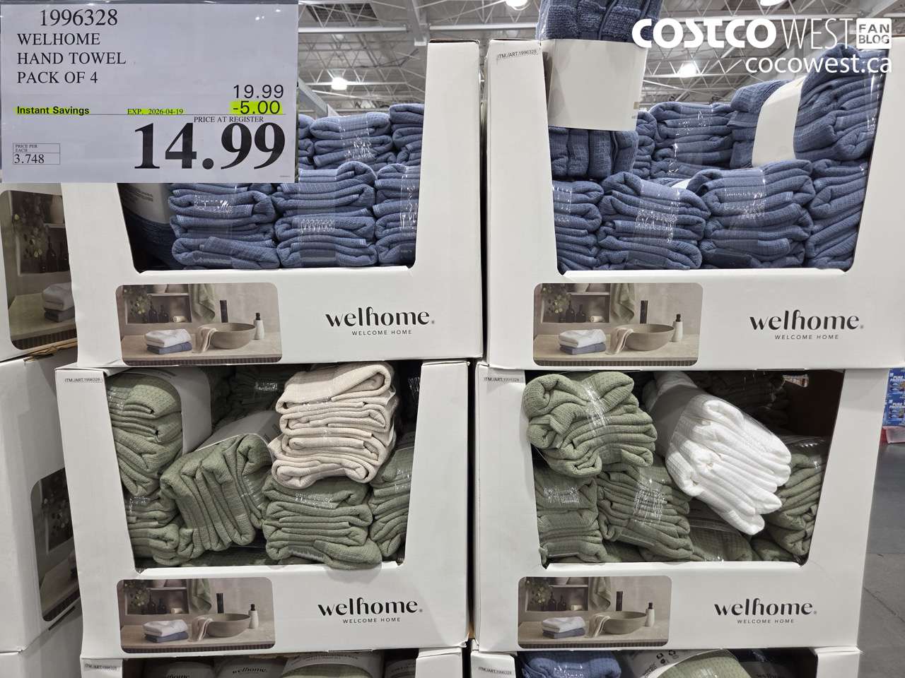 1996328 WELHOME HAND TOWEL PACK OF 4 ($5.00 INSTANT SAVINGS EXPIRES ON 2026-04-19) $14.99