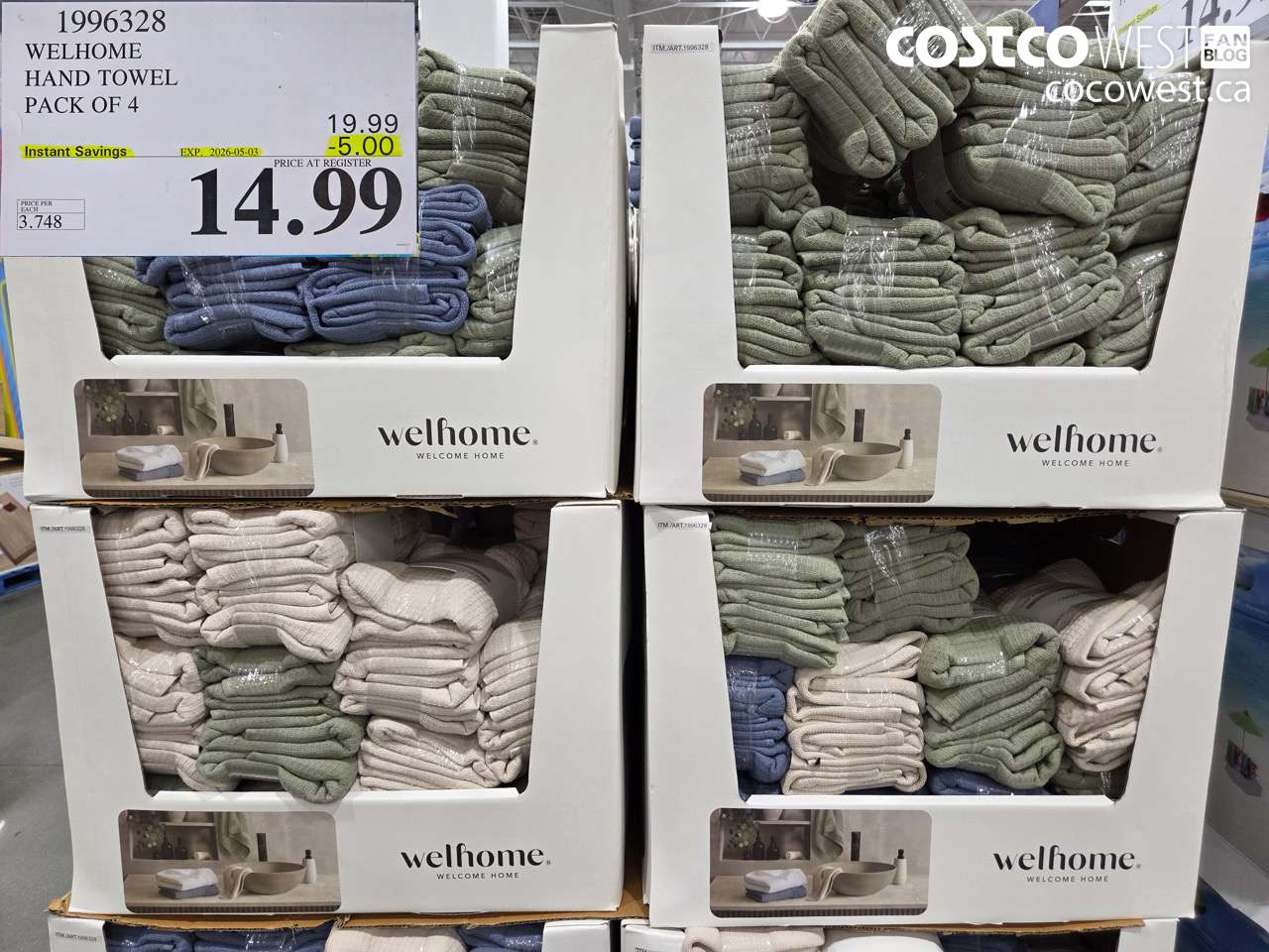 1996328 WELHOME HAND TOWEL PACK OF 4 ($5.00 INSTANT SAVINGS EXPIRES ON 2026-05-03) $14.99