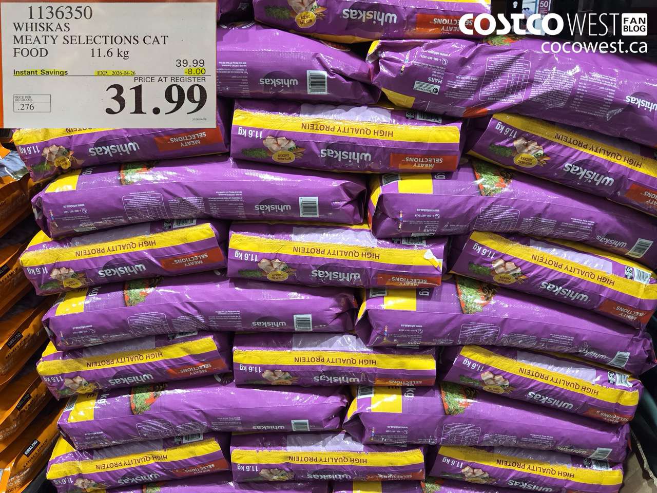 1136350 WHISKAS MEATY SELECTIONS CAT FOOD 11.6 KG ($8.00 INSTANT SAVINGS EXPIRES ON 2026-04-26) $31.99