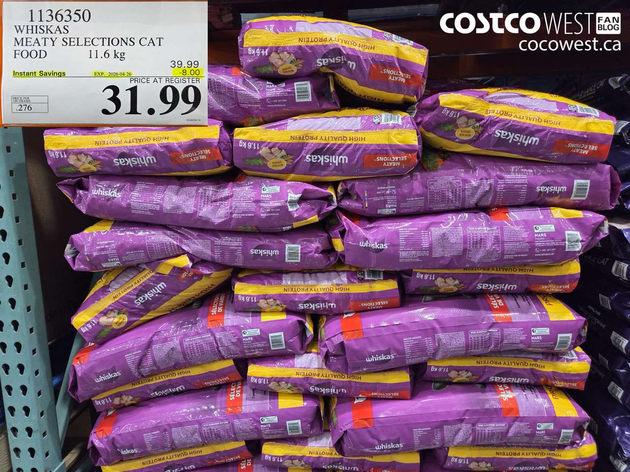 1136350 WHISKAS MEATY SELECTIONS CAT FOOD 11.6 KG ($8.00 INSTANT SAVINGS EXPIRES ON 2026-04-26) $31.99