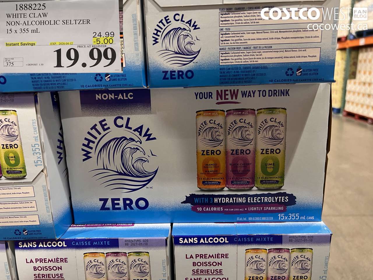 1888225 WHITE CLAW NON-ALCOHOLIC SELTZER 15 X 355 ML ($5.00 INSTANT SAVINGS EXPIRES ON 2026-04-12) $19.99