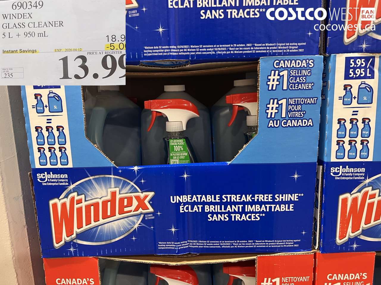 690349 WINDEX GLASS CLEANER 5 L + 950 ML ($5.00 INSTANT SAVINGS EXPIRES ON 2026-04-12) $13.99