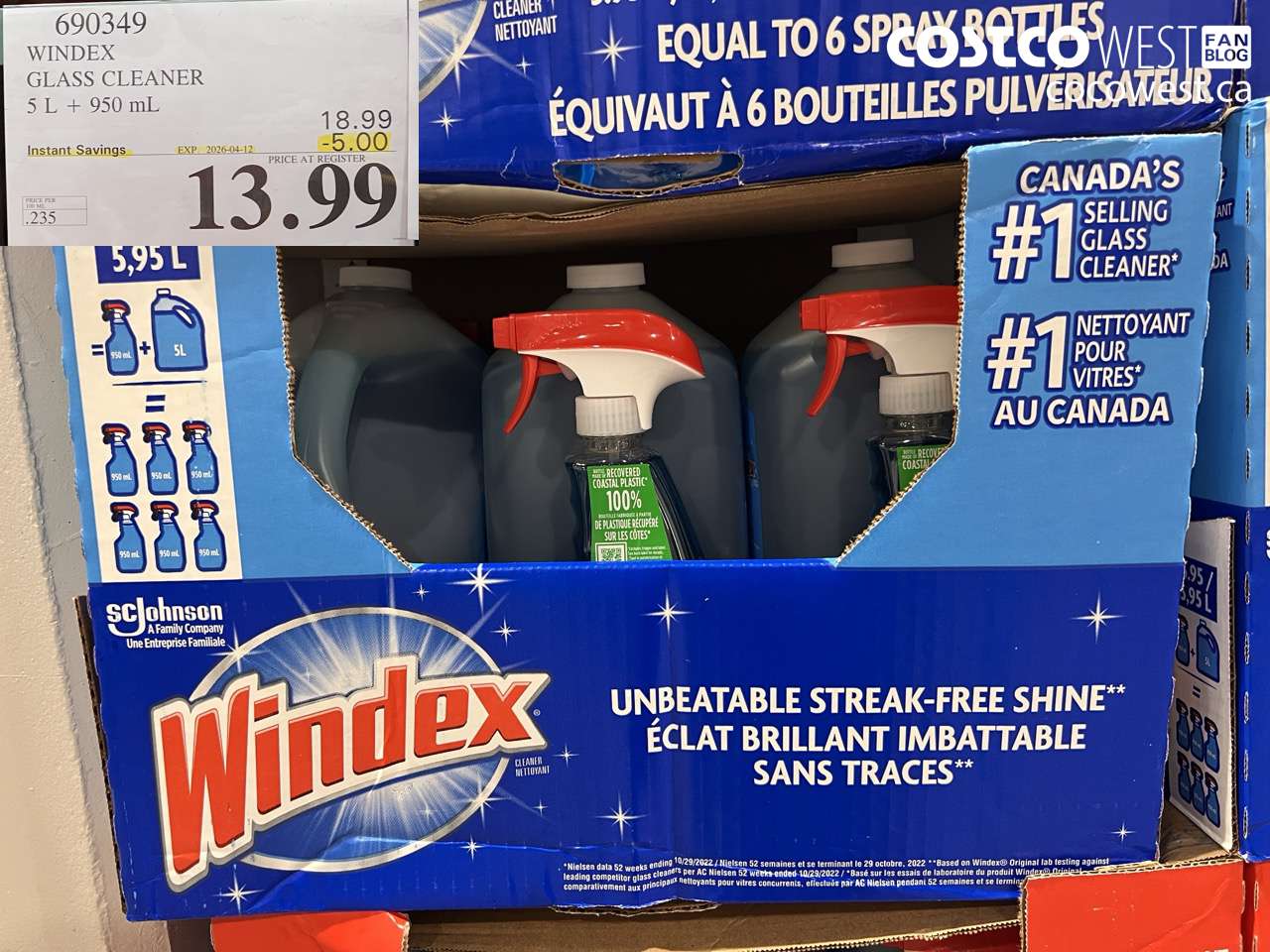 690349 WINDEX GLASS CLEANER 5 L + 950 ML ($5.00 INSTANT SAVINGS EXPIRES ON 2026-04-12) $13.99