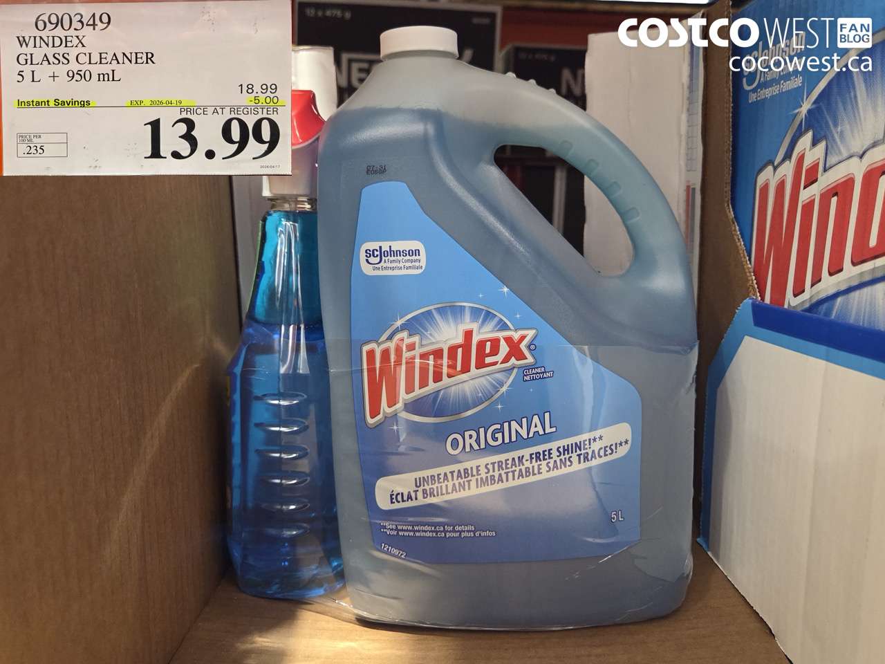 690349 WINDEX GLASS CLEANER 5 L + 950 ML ($5.00 INSTANT SAVINGS EXPIRES ON 2026-04-19) $13.99
