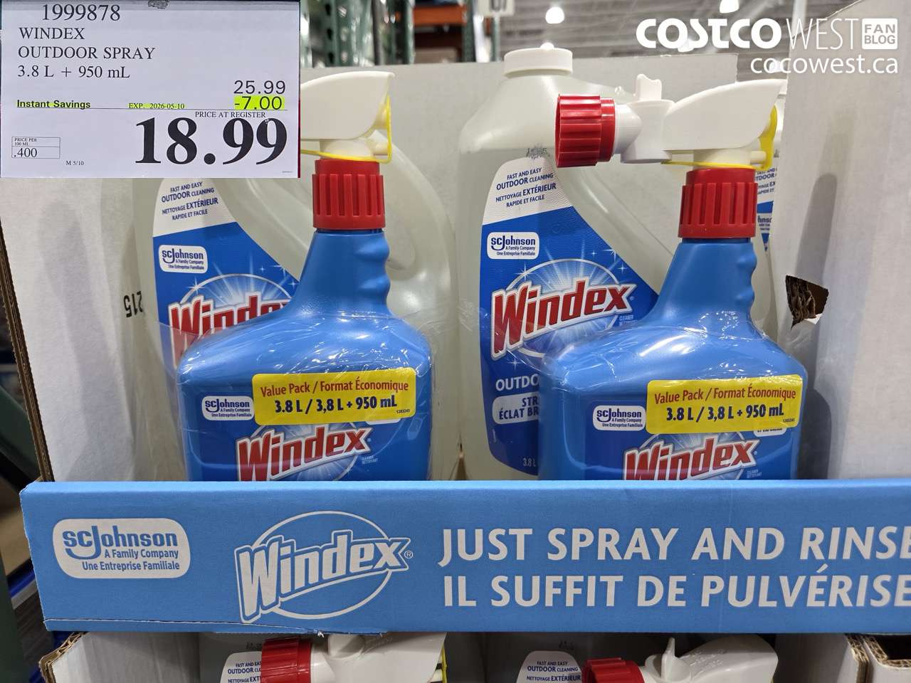 1999878 WINDEX OUTDOOR SPRAY 3.8 L + 950 ML ($7.00 INSTANT SAVINGS EXPIRES ON 2026-05-10) $18.99
