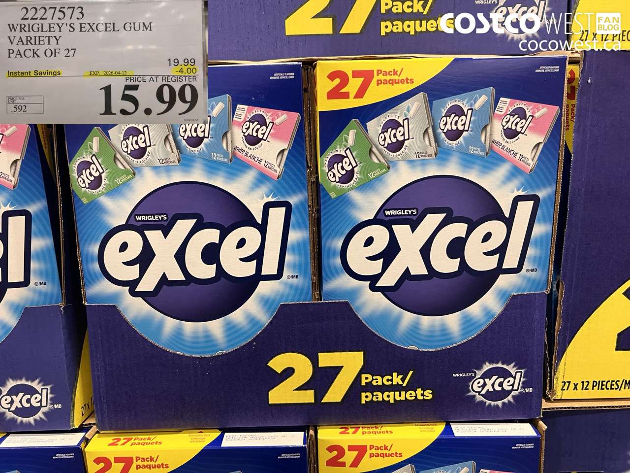 2227573 WRIGLEY'S EXCEL GUM VARIETY PACK OF 27 ($4.00 INSTANT SAVINGS EXPIRES ON 2026-04-12) $15.99