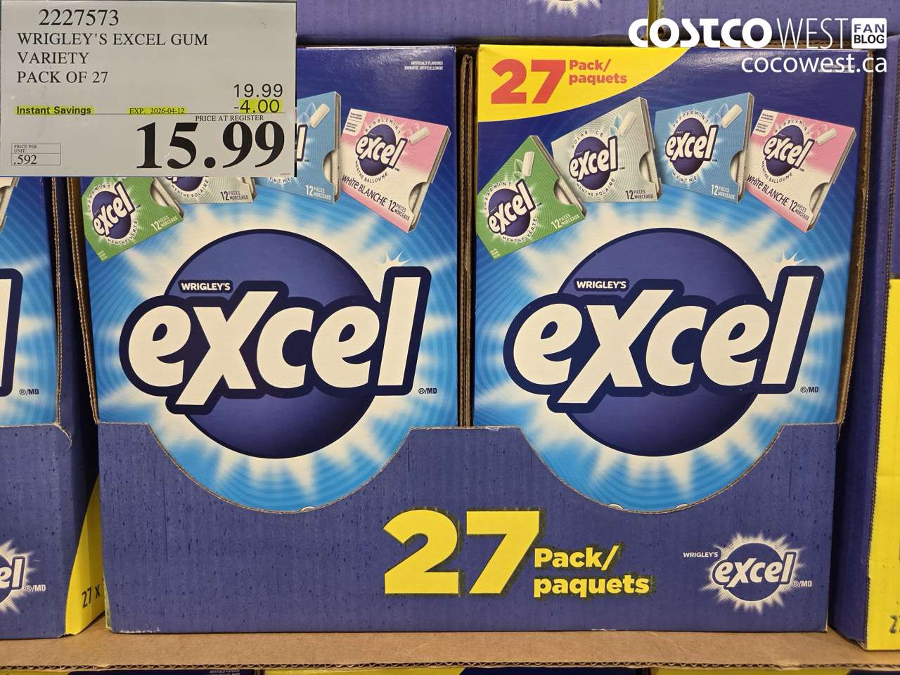 2227573 WRIGLEY'S EXCEL GUM VARIETY PACK OF 27 ($4.00 INSTANT SAVINGS EXPIRES ON 2026-04-12) $15.99